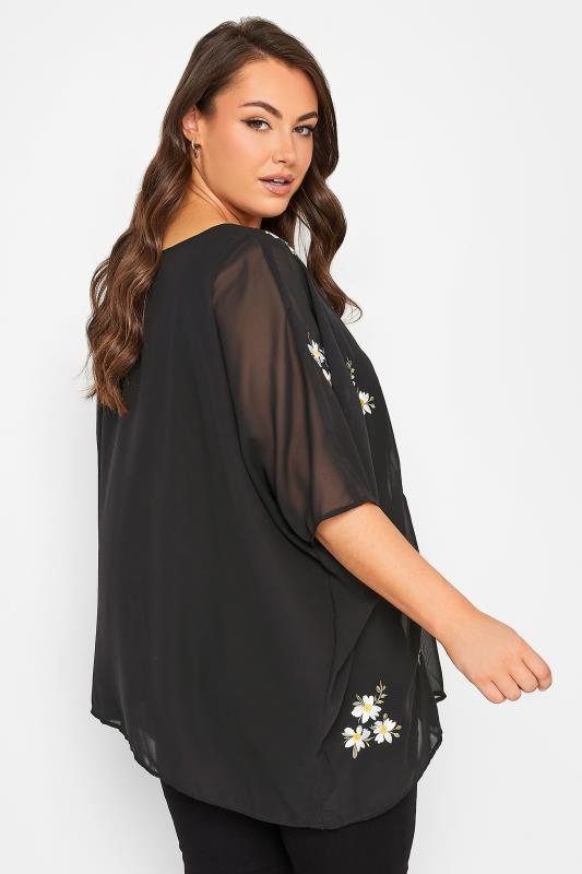 YOURS LONDON Plus Size Black Daisy Embroidered Cape Top | Yours Clothing 3