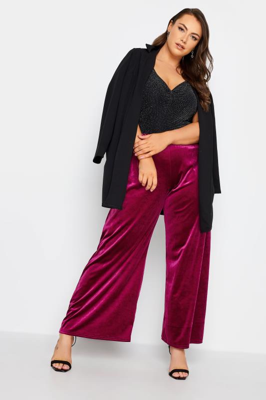 Plus Size Burgundy Red Wide Leg Stretch Velvet Trousers | Yours Clothing 2