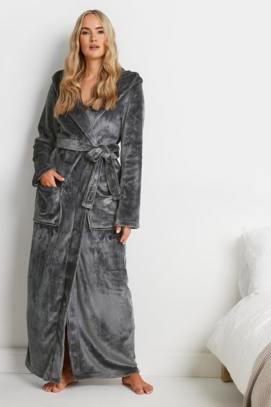 LTS Tall Dark Grey Hooded Maxi Dressing Gown | Long Tall Sally 1