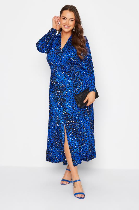 YOURS LONDON Plus Size Blue Animal Print Shirred Waist Dress | Yours Clothing 1