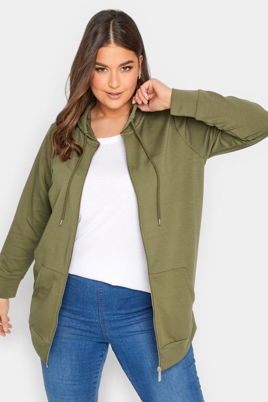 Plus Size Khaki Green Zip Through Hoodie | Yours Clothing 1