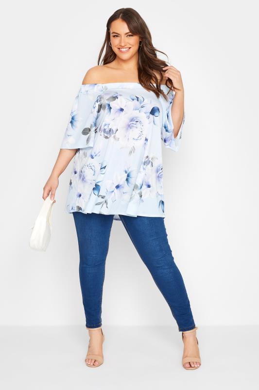 YOURS LONDON Plus Size Blue Floral Print Bardot Top | Yours Clothing 2