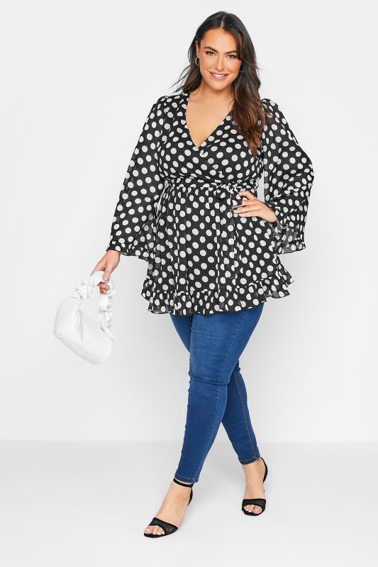 YOURS LONDON Plus Size Black Polka Dot Ruffle Wrap Top | Yours Clothing 2