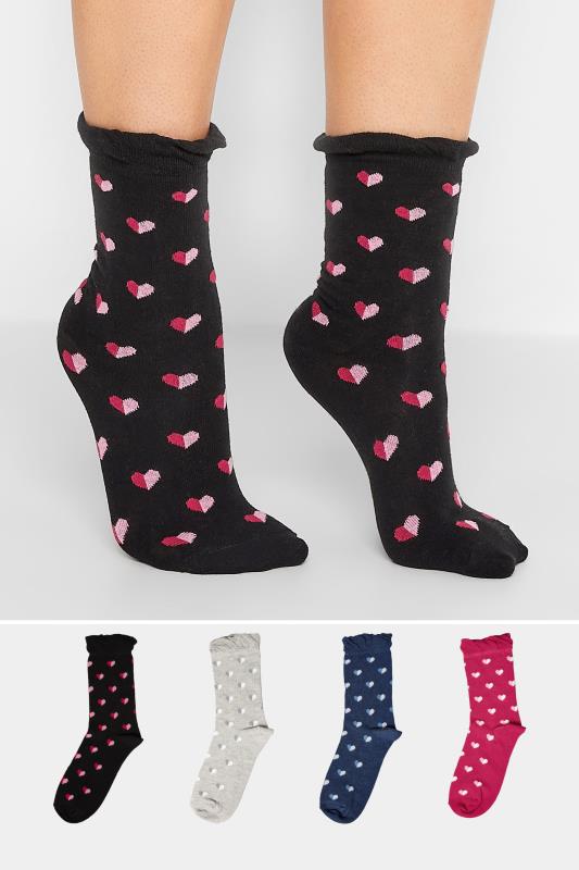  Grande Taille YOURS 4 PACK Black & Pink Heart Print Ankle Socks