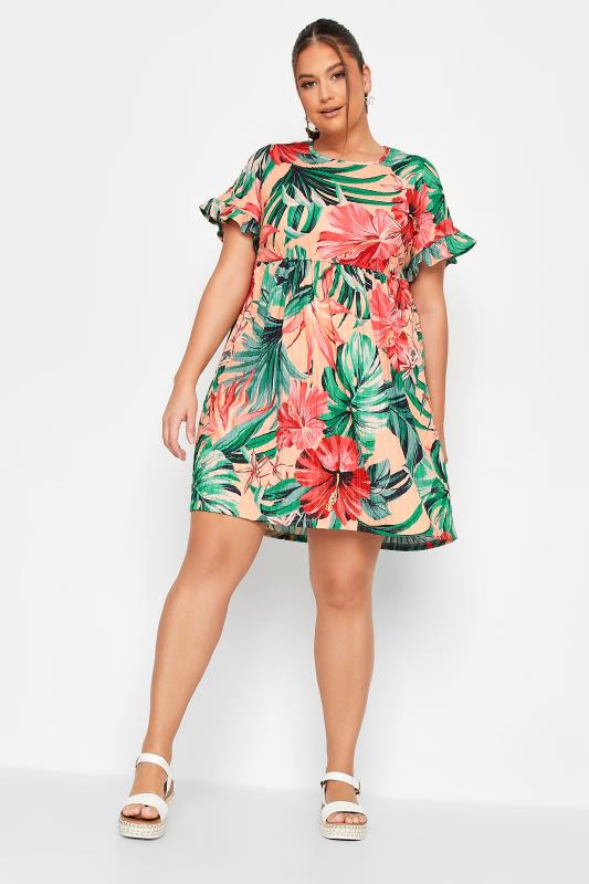 YOURS Curve Plus Size Green & Peach Tropical Floral Print Smock Tunic Dress | Yours Clothing 2