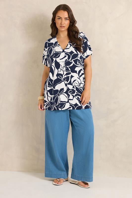 EVANS Curve Navy Blue Abstract Floral Grown-On Sleeve Top | Evans 1
