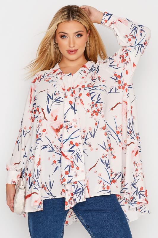 Plus Size  Curve White & Pink Floral Print Swing Shirt
