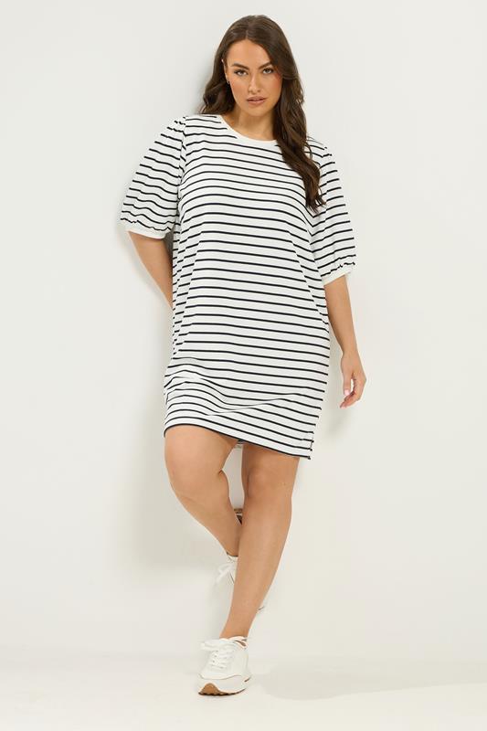 YOURS Plus Size White Striped Balloon Sleeve Mini Dress | Yours Clothing 1