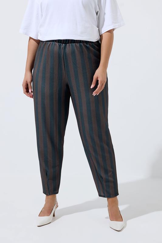 LIMITED COLLECTION Plus Size Chocolate Brown Stripe Barrel Trousers | Yours Clothing 1