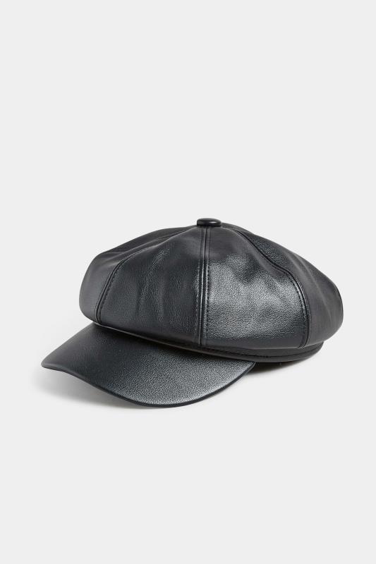  Black Faux Leather Baker Boy Hat