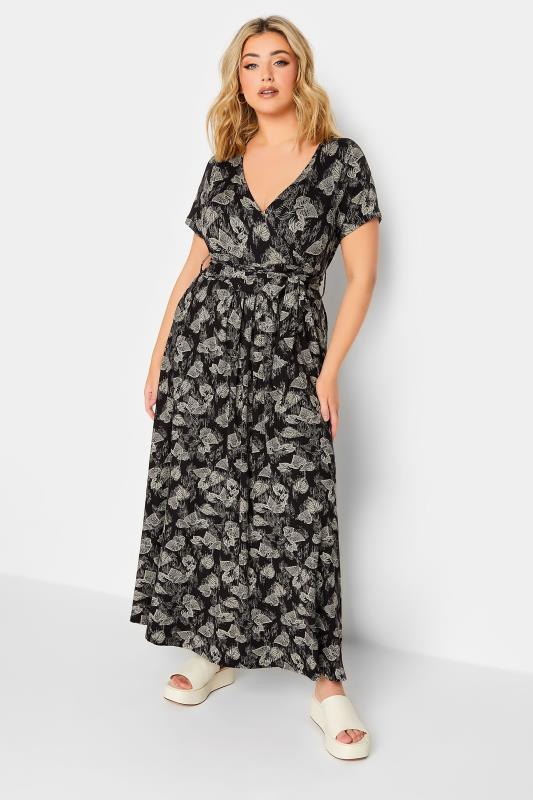 Plus Size  YOURS Curve Black Floral Wrap Tie Waist Maxi Dress