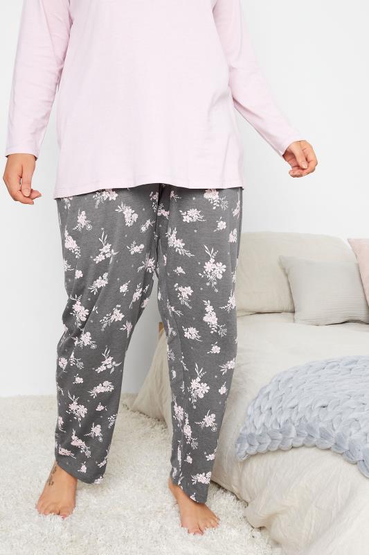 Curve Grey Floral Print Wide Leg Pyjama Bottoms 2