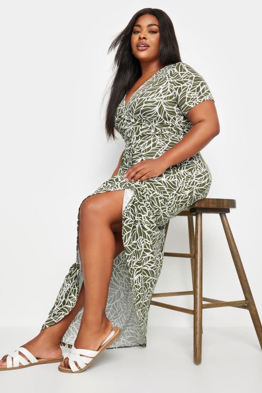 YOURS Plus Size Khaki Green Leaf Print Wrap Maxi Dress | Yours Clothing 2