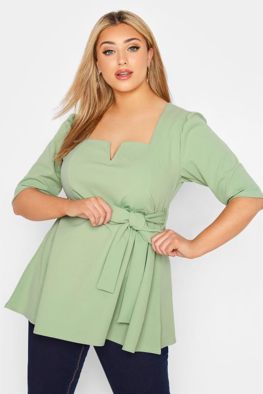 YOURS LONDON Plus Size Sage Green Notch Neck Peplum Top | Yours Clothing 1