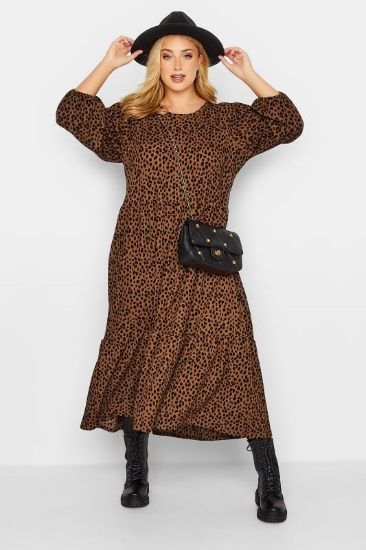 Plus Size Brown & Black Animal Print Frill Midi Dress | Yours Clothing 5
