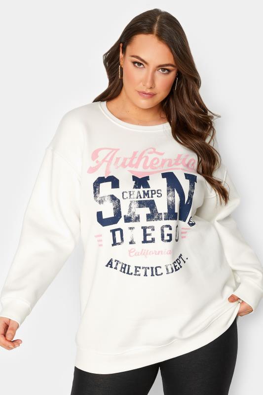 Plus Size  YOURS Curve Ivory White 'San Diego' Printed Slogan Sweatshirt