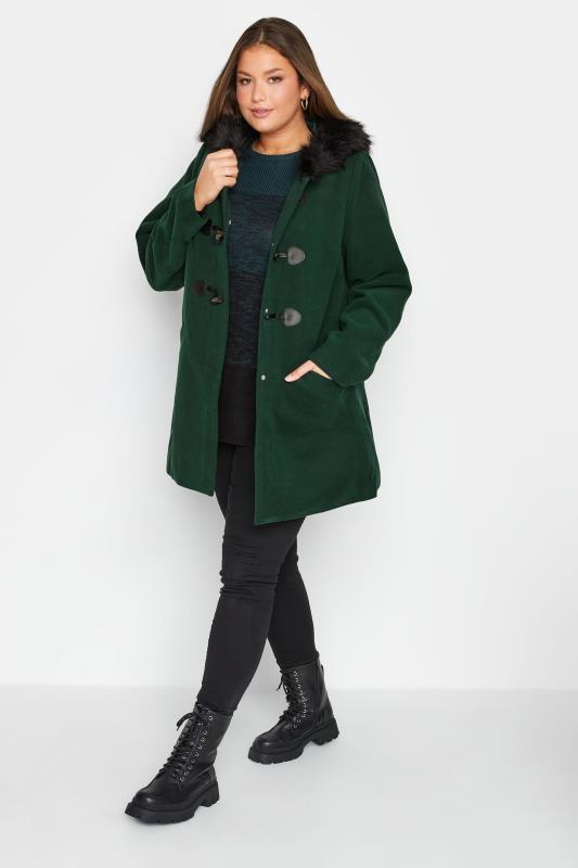 Plus Size Forest Green Faux Fur Trim Duffle Coat | Yours Clothing 2