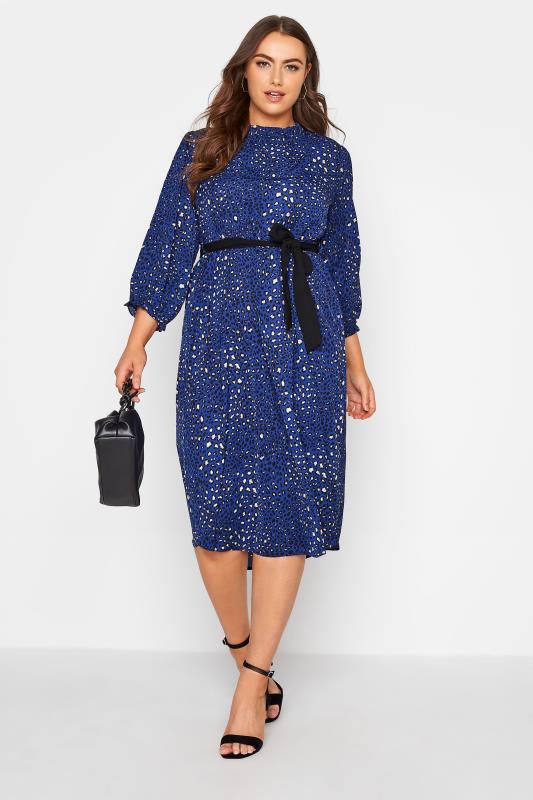 Plus Size  YOURS LONDON Blue Dalmatian Print Belted Midi Dress