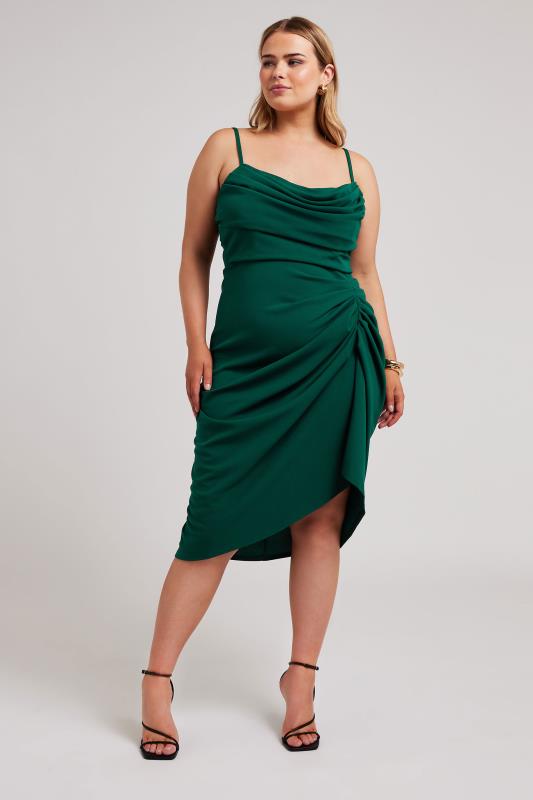 YOURS LONDON Plus Size Green Cowl Neck Gathered Dress | Yours Clothing 2