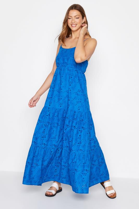 LTS Tall Women's Blue Broderie Anglaise Tiered Maxi Dress | Long Tall Sally  1