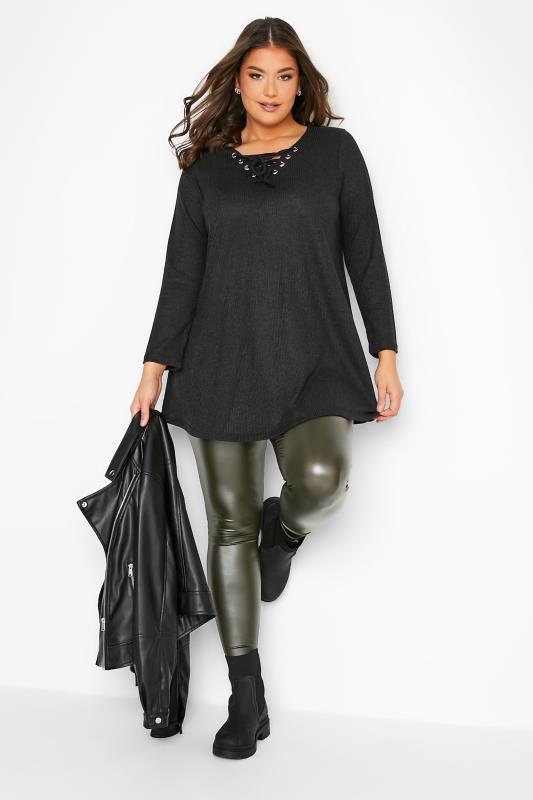 Curve Plus Size Black Ribbed Lace Up Swing Top | Yours Clothing  2