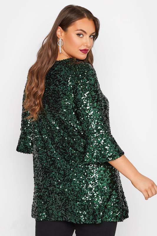 YOURS LONDON Plus Size Green Sequin Embellished Flute Sleeve Top | Yours Clothing 4