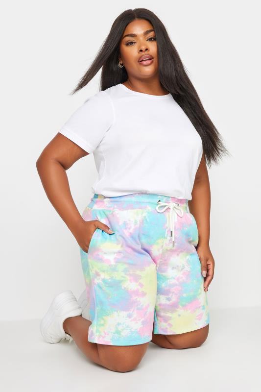 YOURS Plus Size Pink & Blue Tie Dye Jogger Shorts | Yours Clothing 4
