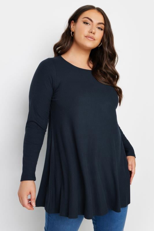 YOURS Plus Size Dark Blue Ribbed Swing Top | Yours Clothing 1