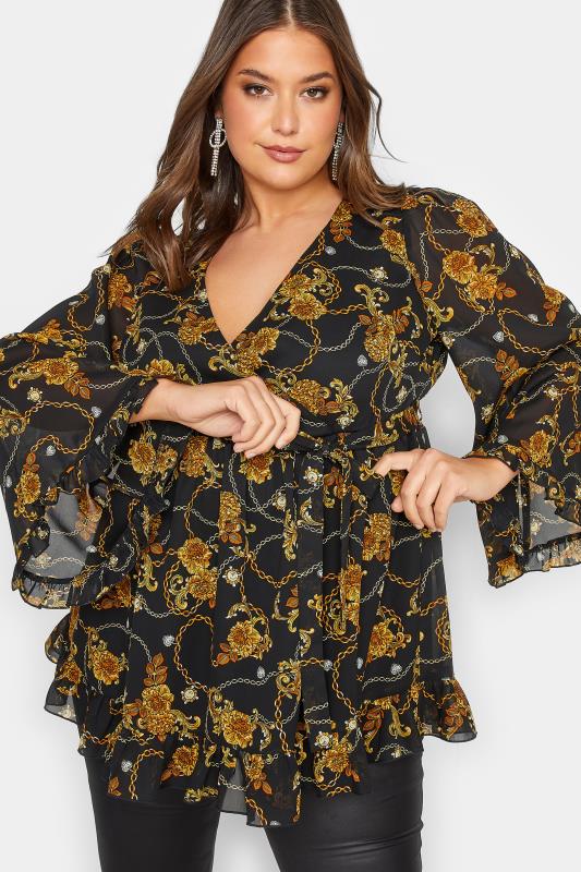 YOURS LONDON Plus Size Black Chain Floral Print Ruffle Wrap Top | Yours Clothing 4