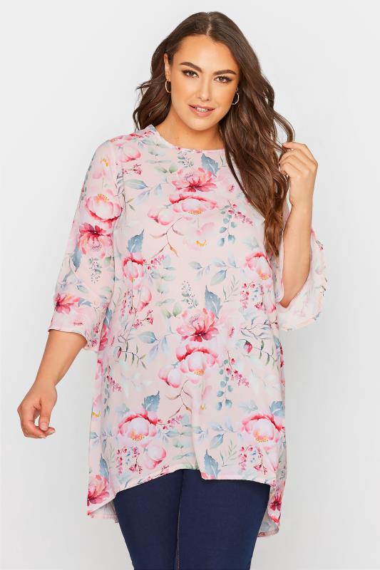 YOURS LONDON Plus Size Pink Floral Flute Sleeve Tunic Top | Yours Clothing 1