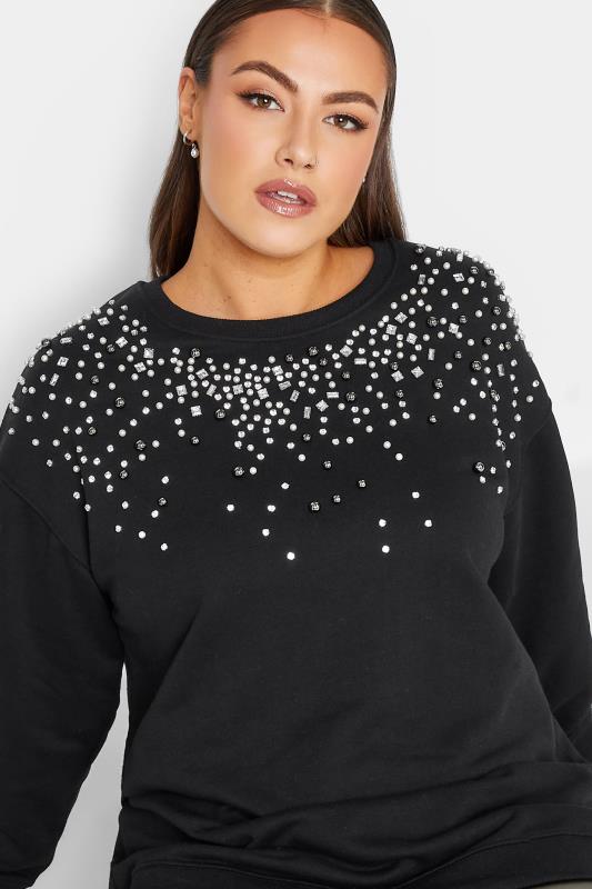 Plus Size  YOURS LUXURY Curve Black Diamante & Pearl Embellished Soft Touch Sweatshirt