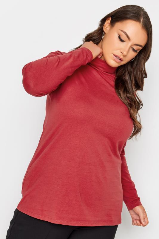 YOURS Plus Size Red Long Sleeve Turtle Neck Top | Yours Clothing 1