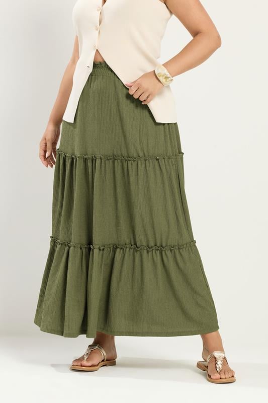  YOURS Curve Khaki Green Tiered Maxi Skirt