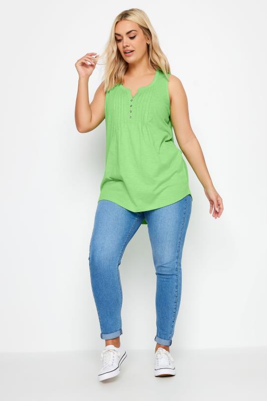 YOURS Plus Size Green Pintuck Henley Vest Top | Yours Clothing 2