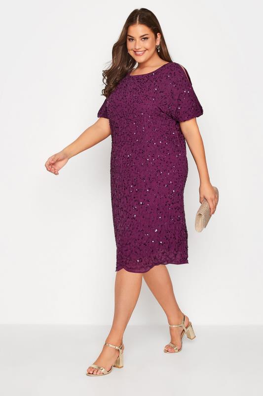  dla puszystych LUXE Curve Purple Sequin Hand Embellished Cape Dress