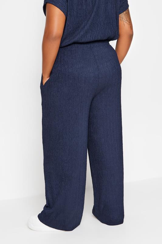YOURS Plus Size Navy Blue Crinkle Plisse Wide Leg Trousers | Yours Clothing 4