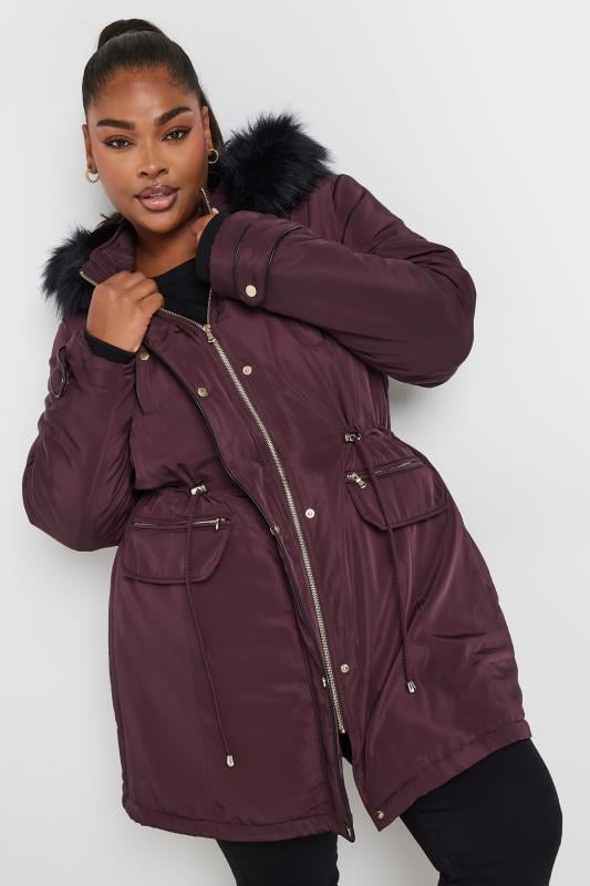  Grande Taille YOURS Curve Wine Red Faux Fur Trim Parka Jacket