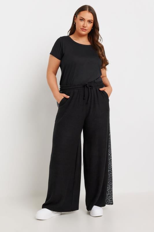 YOURS Plus Size Black Leopard Print Side Stripe Trousers | Yours Clothing  2