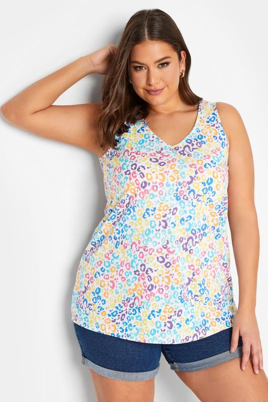 YOURS Plus Size White Leopard Print Bar Back Vest Top | Yours Clothing 1