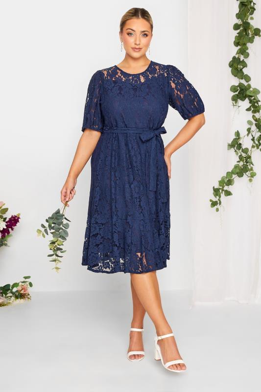 YOURS LONDON Plus Size Curve Navy Blue Floral Lace Skater Dress | Yours Clothing  2