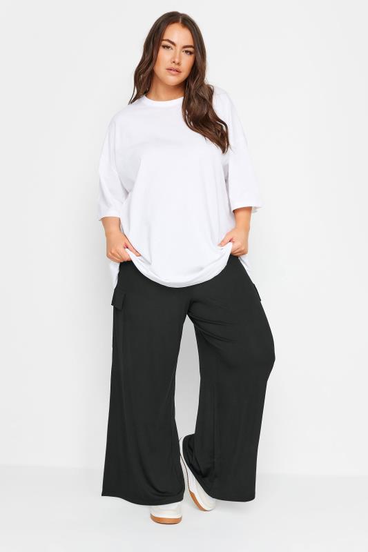 YOURS Plus Size Black Jersey Wide Leg Cargo Trousers | Yours Clothing 3