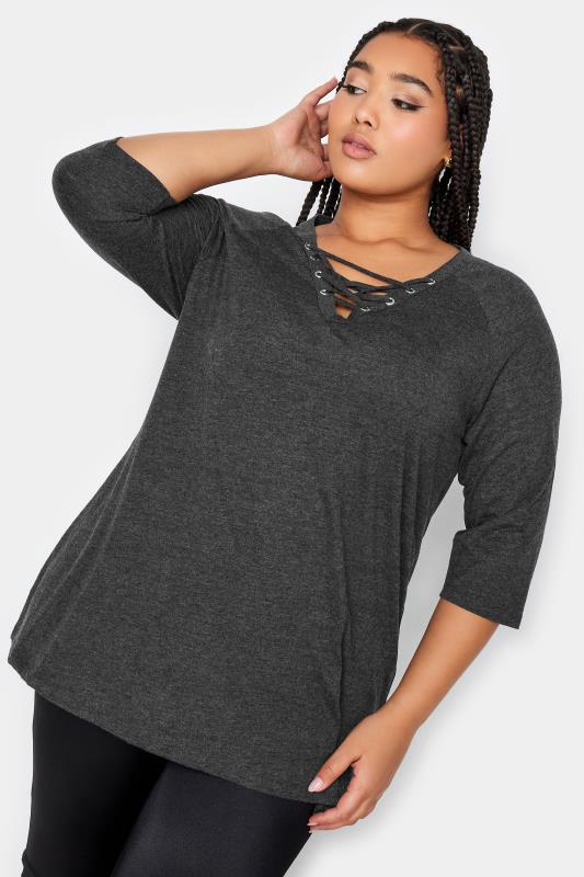 YOURS Plus Size 2 PACK Black & Charcoal Grey Lace Up Eyelet Tops | Yours Clothing 2