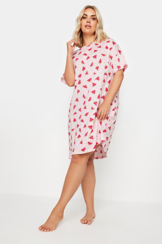 YOURS Plus Size Pink Watermelon Print Sleep Tee Nightdress | Yours Clothing 2