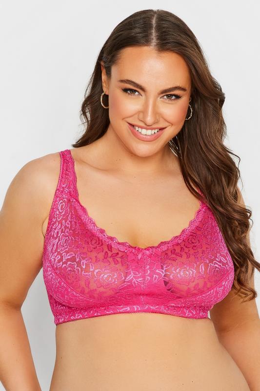 2 PACK Hot Pink & Navy Blue Lace Non-Padded Non-Wired Floral Bras | Yours Clothing 2