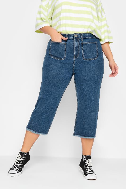 YOURS Plus Size Blue Front Pocket Cropped Wide Leg Jeans | Yours Clothing 1