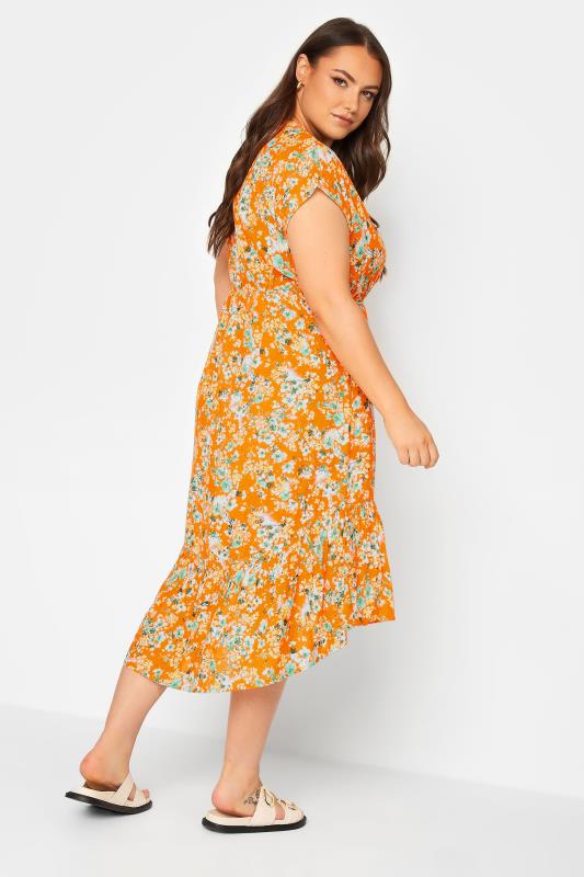YOURS Plus Size Orange Floral Print High Low Wrap Dress | Yours Clothing 3