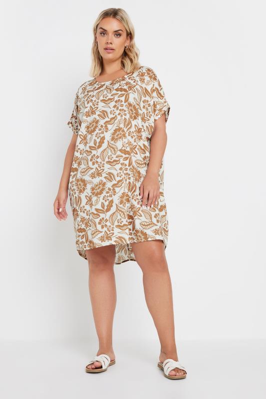 YOURS Plus Size Natural Brown Floral Print Tunic Dress | Yours Clothing 2