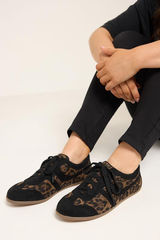 Black Leopard Print Low Retro Stripe Trainers In Extra Wide EEE Fit | Yours Clothing 1
