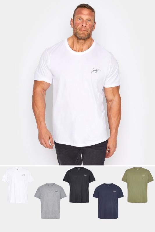 Plus Size  JACK & JONES Big & Tall 5 PACK Grey & Khaki Green Connor T-Shirts
