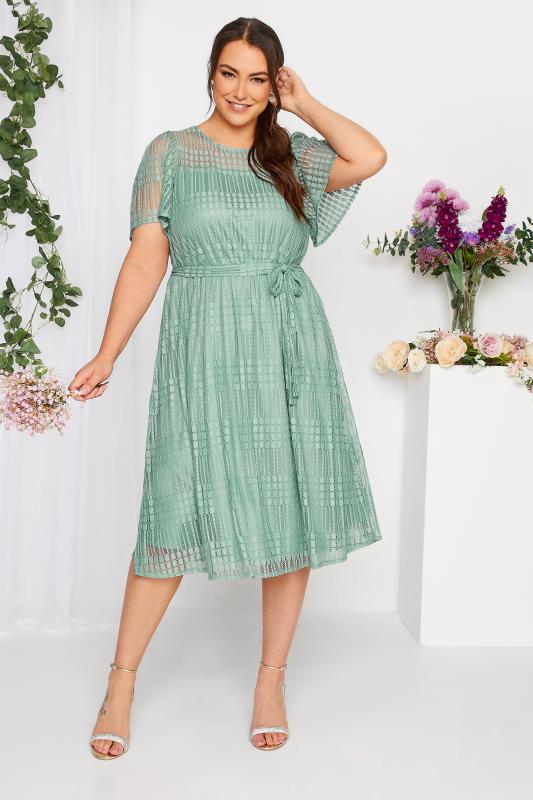 YOURS LONDON Plus Size Curve Sage Green Lace Skater Dress | Yours Clothing  2